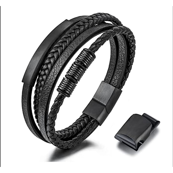 Sort læderarmbånd til mænd, flettet ægte læder bred wr