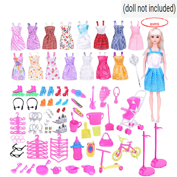 114PCS set: 98 tillbehör + 16 kjolar Barbie docka tillbehör t