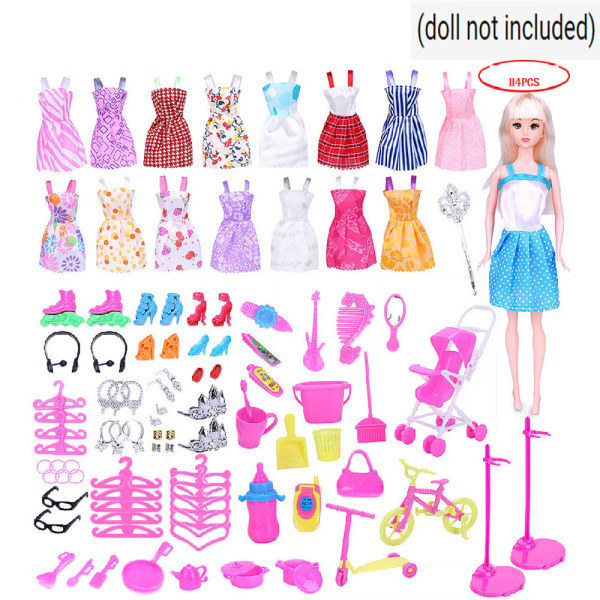 114STK sett: 98 tilbehør + 16 skjørt Barbie dukke tilbehør t