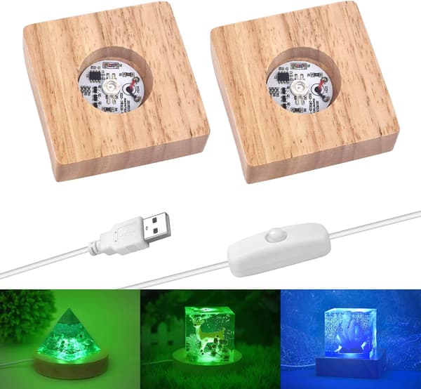 2 stk. LED-lysdisplaybase, 7 farvede firkantede træbelyste