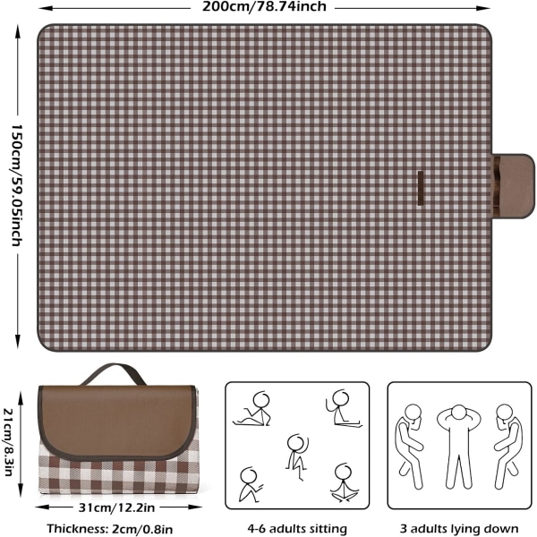 (Brun) 150 x 200 Picnic Tæppe, Foldbar Picnic Dug, Strand