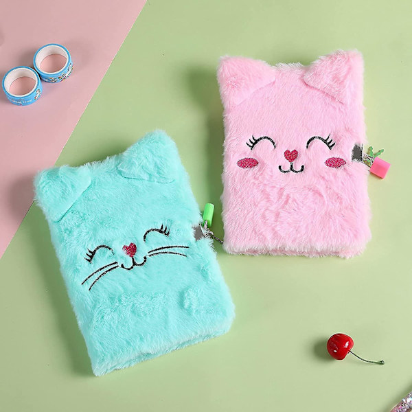 2 stk. Fuzzy Plush notesbog med lås og nøgler Journal Cute R