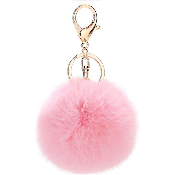 Pompom nøkkelring i hår, myk å ta på - Lys rosa