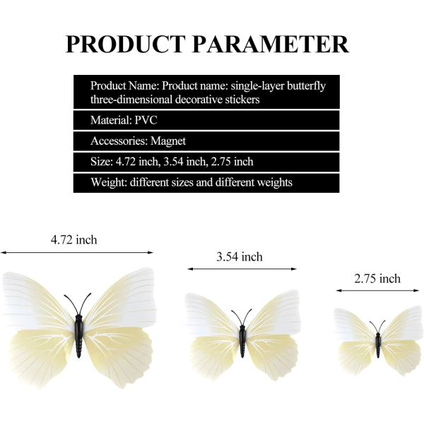 12 pakke sommerfuglklistremerker (hvit), 3D sommerfuglformet veggstikk