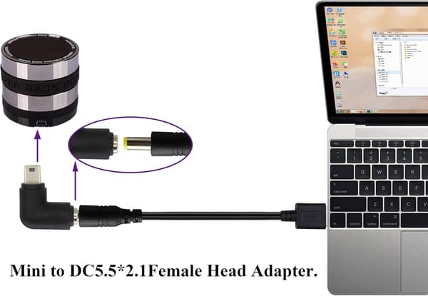 (2-pak-Mini) 90 Grader USB Mini Strømadapter DC med Retvinklet Mini USB Han til DC 5,5x2,1 mm Stik
