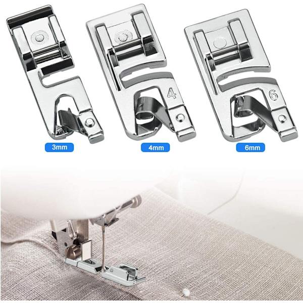 6 symaskinspressarsats, 3 smala rullade fållsymaskinspressarfötter (3/4/6 mm), 3 rullade fållpressarfötter symaskinspressarfötter fållfotset (4/8, 6/8, 8/8 tum) för hushåll
