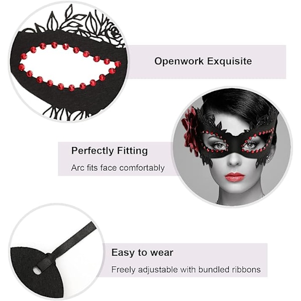 Svart karneval blomstermaske, damemaske for maskerade, halvmaske for