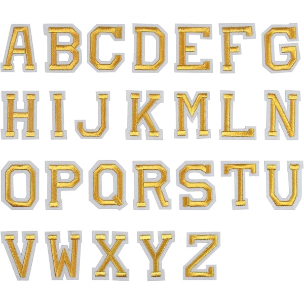 52 STK påstrykningsbokstaver, A-Z alfabetapplikasjonslapper, gullsøm-o