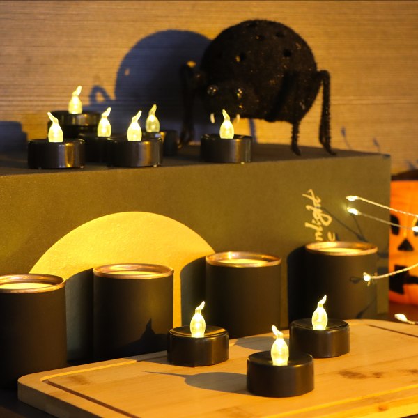 12 stk. LED-lys (sort), flammefri LED-tealights, flimrende elektriske lys, indendørs og udendørs stemningsdekoration til Halloween, bryllupper, fester (2) E