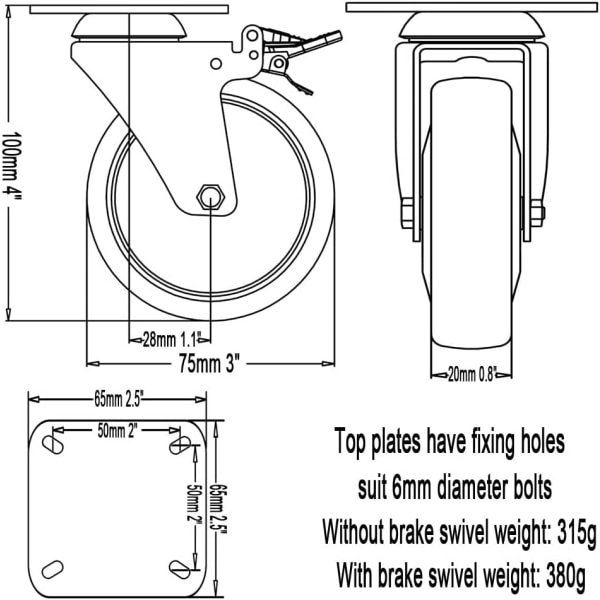 1 x Heavy Duty 75mm Gummi Svingbar Castor Hjul Trille Møbler