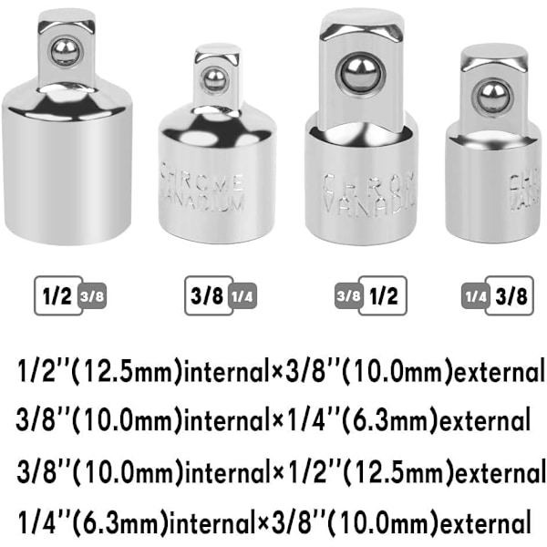 4 stk Ratchet Adapter Sokkeladapter Ratchet 1/2 til 3/8-3/8 til 1/2-1/4 til 3/8-3/8 til 1/4 Sokkel Reduserer for Sokker og B