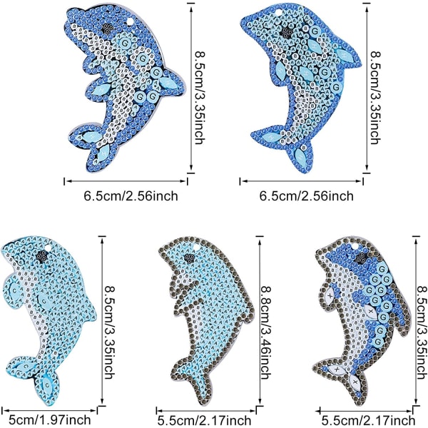 5 stk 5D DIY Delfin Diamantmaleri Nøkkelringer, Rhinestone D