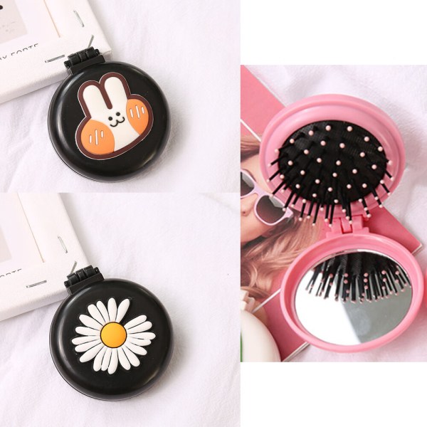 2 Packs Rabbit + Daisy Foldable Travel Mirror Hair Brushes Porta