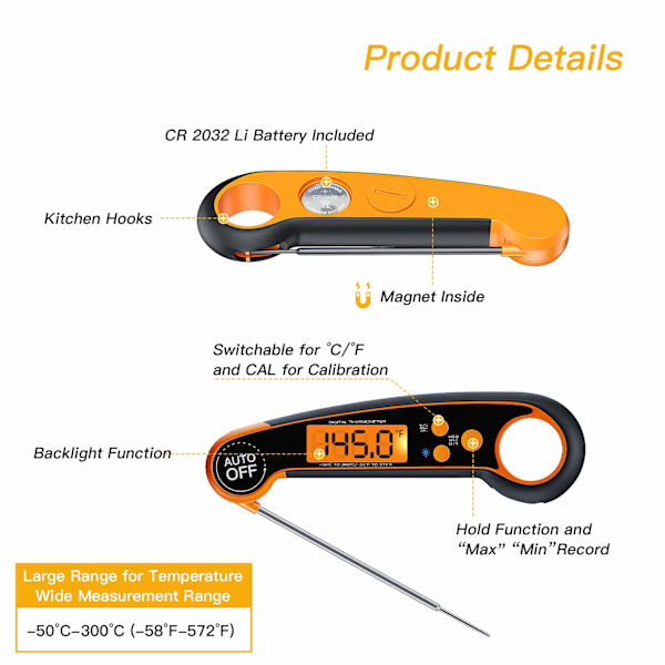Digital kötttermometer (orange) – Snabb stektermometer, Accu