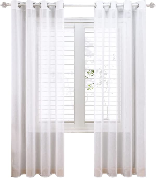 Setti 2 150x250cm（Valkoinen）Harmaa Voile-verhot pellavaefektillä - E