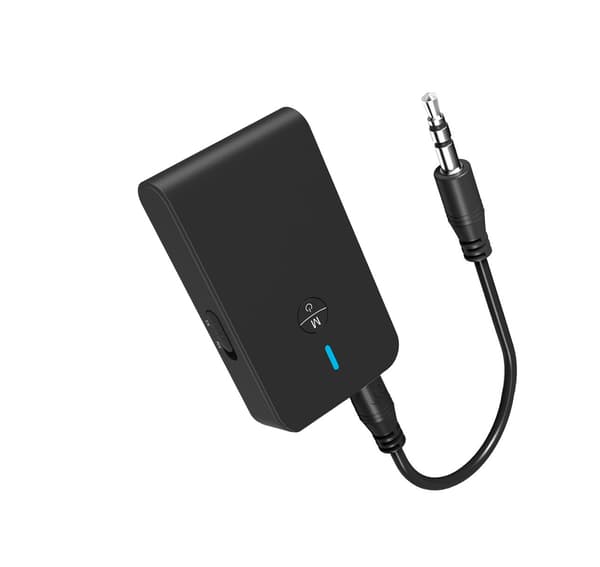 En svart trådløs lydadapter, Bluetooth 5.0-sender og -mottaker, 2-i-1 trådløs Bluetooth-adapter, 3,5 mm Bluetooth