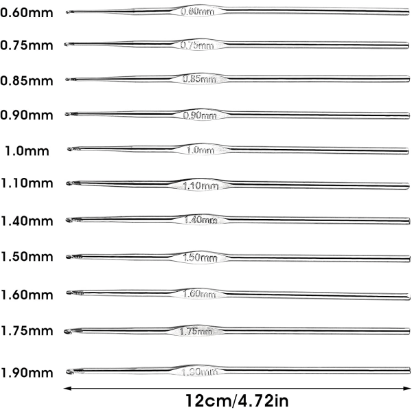 12 stk Heklenåler i liten størrelse 0,6 mm til 1,9 mm heklenåler