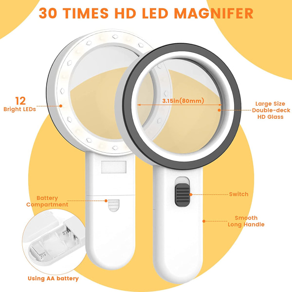 Forstørrelsesglas med lys, 30X håndholdt stort forstørrelsesglas