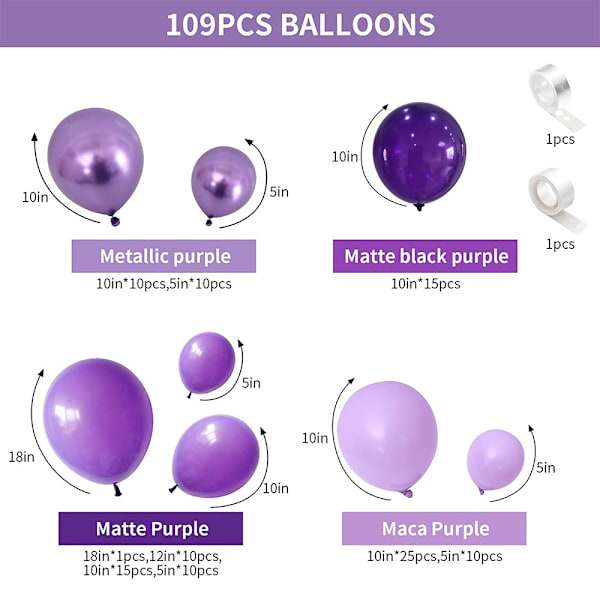 Lila ballongset, 109 delar lila ballongbåge krans set