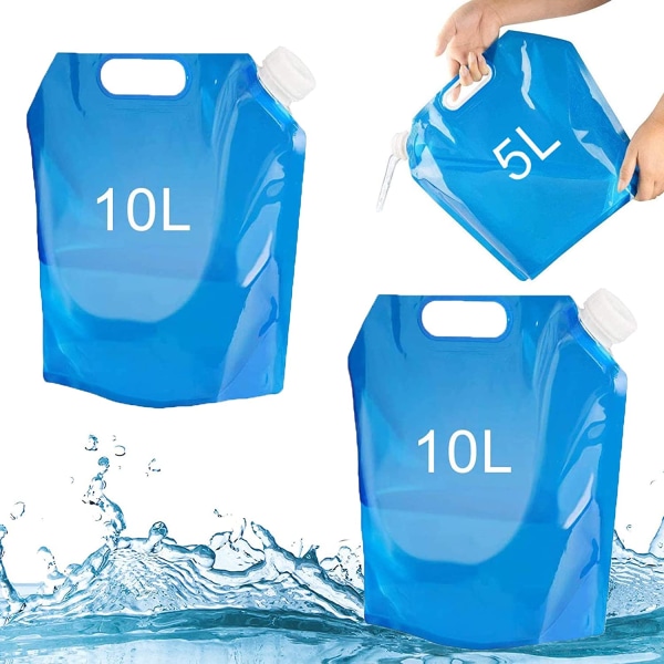 3 stk sammenleggbare vannposer, 1*5L+ 2*10L bærbar vannpose med lomme