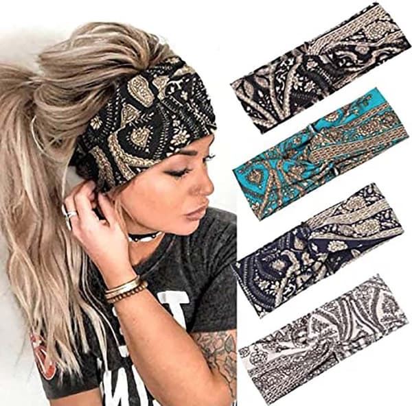Boho Set med 4 elastiska vintage blomsterpannband för kvinnor och flickor