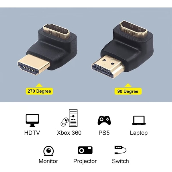 2-pak HDMI-adapter 90 grader og 270 grader rett vinkel hann til hunn vinklet HDMI-kontakt 4K 3D