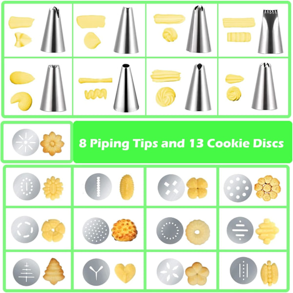 Kakepresssett, Kakepresspistol i rustfritt stål med 8 sprøytetips og 13 kakeplater for DIY