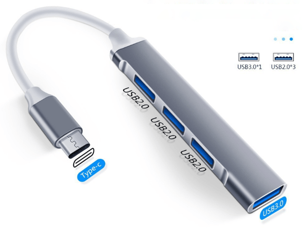 Grå 4-portars USB 3.0-hubb med hög hastighet, typ c USB-hubb 5 Gbps-delare