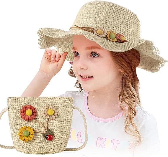 (Beige) Solhatt for jenter, solbeskyttelse og pose med blomst