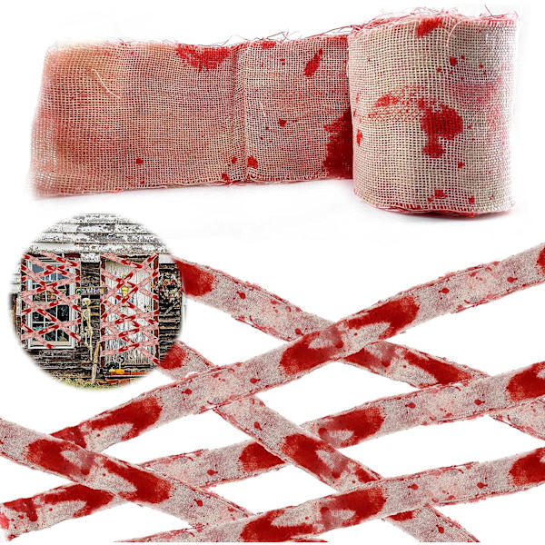 Halloween skræmmende tape-pakke, 1 stk. blodig spøgelseshus gaze uhyggelig skræmmende stof gardin klæde værelse vindue væg dørbetræk, blodige klammer og advarselstape（8CM*10M）