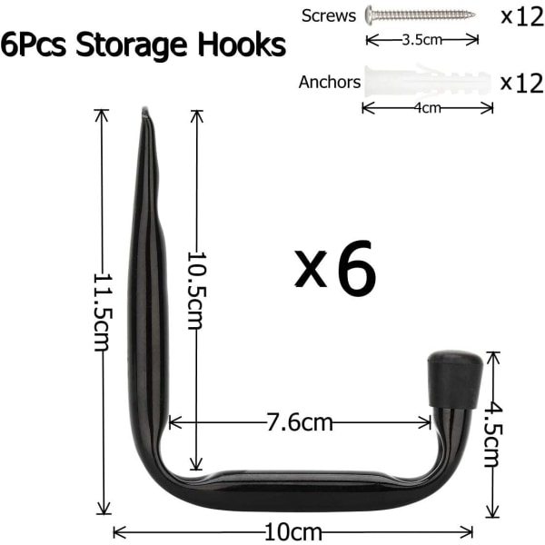 6-pack (11,5 cm x 10 cm) kraftiga väggmonterade J-formade krokar för