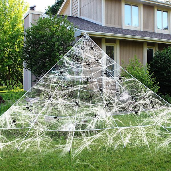 Halloween-dekorationer, 5 meter triangulär nät vit + 125 spindlar