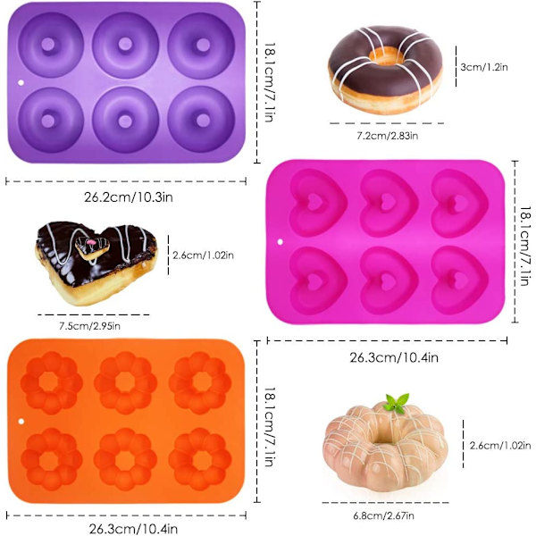3 stk. Non-Stick Silikone Donutforme til at lave Donuts, Muffins,