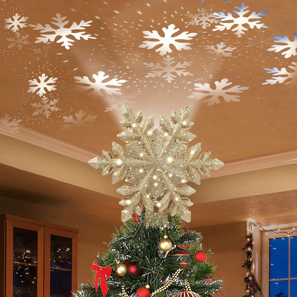 Christmas Tree Topper opplyst med Golden Snowflake Projector, L