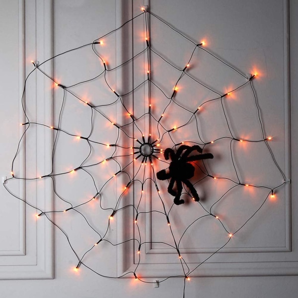 Halloween Spider Web Lights 70LED Orange Lys med Sort Spide