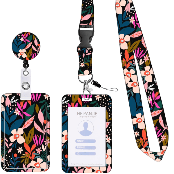 Neck Lanyard Badge Holder with Card Holder（Pink Flower）,Lanyard