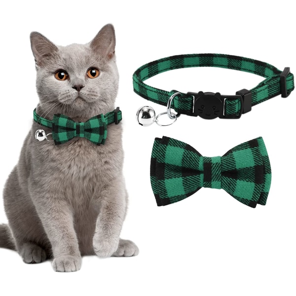 Green cat collar, cat bow tie, cat collar with bells and bow tie