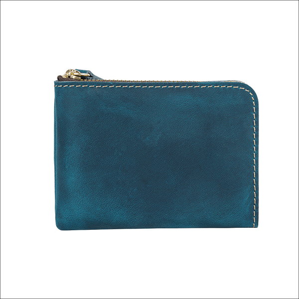 Blue Leather Card Pocket Wallet, Slim Zip Wallet (Max.12 Cards,