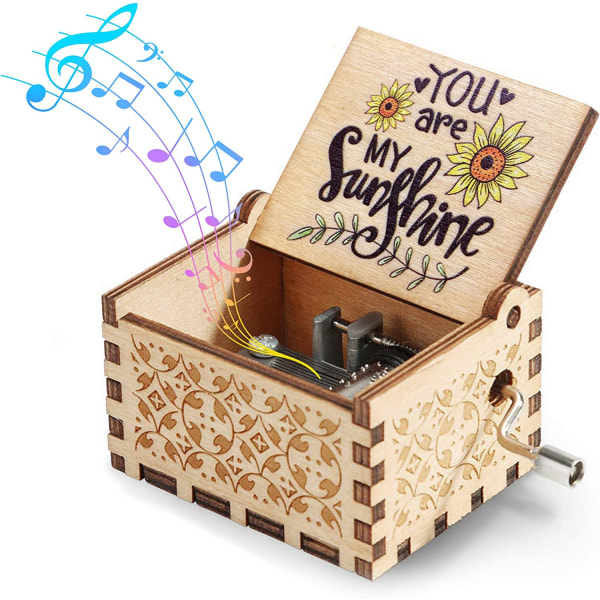 You are My Sunshine Music Box,Hand Crank Wooden Vintage Laser En