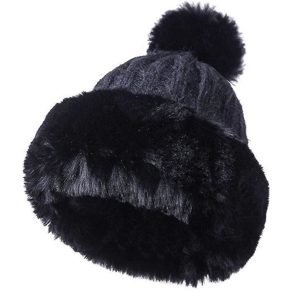 Kvinder Vinter imiteret Pels Strikket Beanie Hat med Pom Russisk Pompom