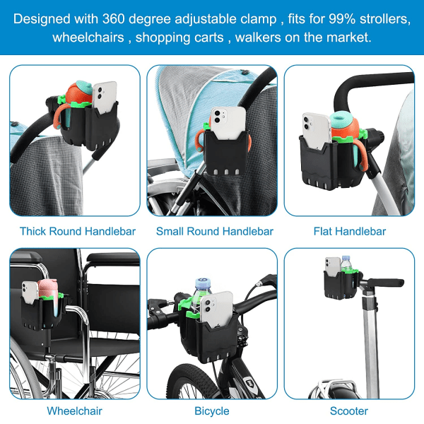 2-i-1 mugghållare för barnvagn med telefonhållare, grön, universal C