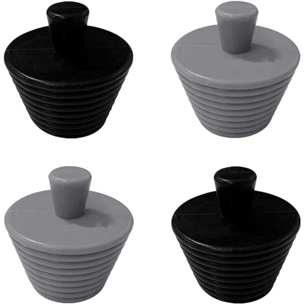Sett med 4 universelle silikonavløpsplugger for baderomsvask (2 sorte og