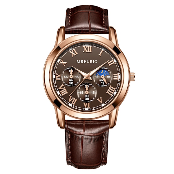 Herrar Chronograph Brun Läder Klocka Guld Case Analog Kvarts Mode Business Klänning Stor Urtavla Klocka Män Dag