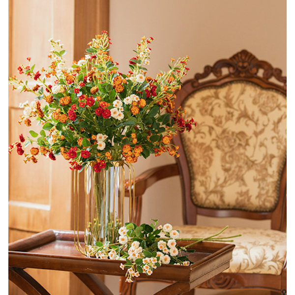 5 lange grene små roser, rose simuleringsblomster, silke flo