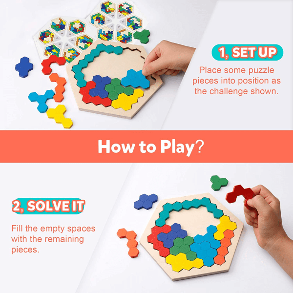 Puinen kuusikulmiopalapeli - Muotolohko Tangram Aivopähkinälelu Geometria Logiikka IQ-peli STEM Montessori Koulutuslahja Kaikille Iäille Haaste