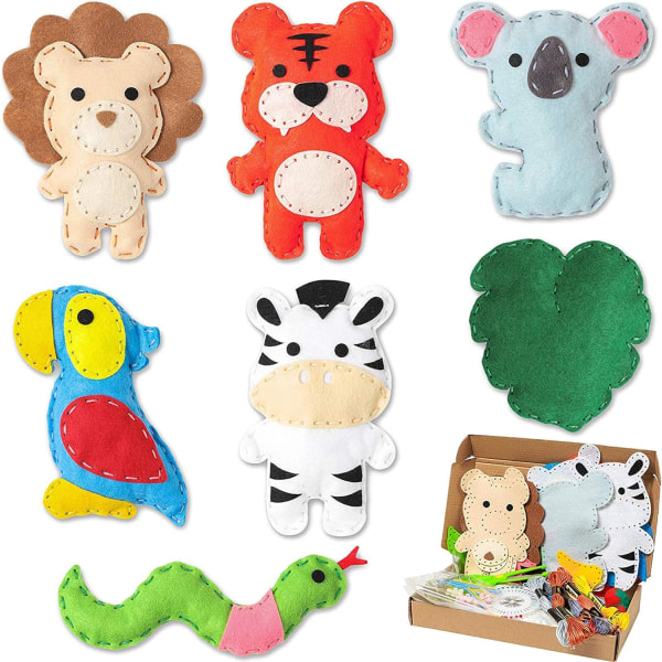 Pakkauksessa 7 huopa Jungle Animal -ompelusarjaa lapsille, söpöt täytetyt villit