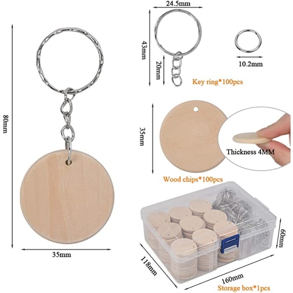 Pyöreät puukiekot 35mm 100kpl ja avainrengas, pyöreät puukiekot muokattavissa puinen avainrengas DIY-ympyrät puulevyistä 3mm reiällä, joulukoristeet ripustuskoristeet