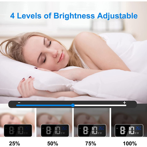 Hvid-Digitalt vækkeur, LED digitalt ur Digitalt morgenvækkeur med temperatur/snooze/2 alarm/12/24 timer/USB-opladningsport/10 musik