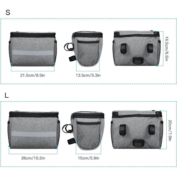 Cykelstyrväska - S - 21x13x16,5cm Grå Vattentät Cykelkorg Väska med Touch Screen Cooler Strip Cykelfrontväska med Nätväska