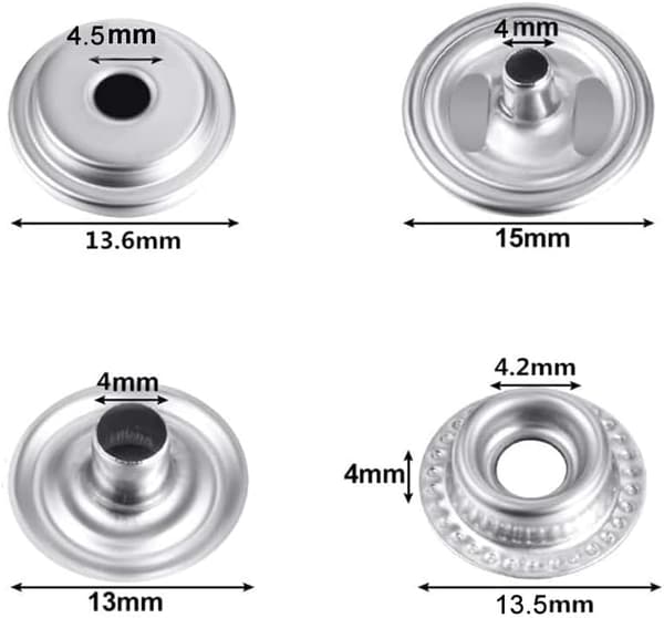 50 sæt rustfrit stål trykknapper, 15 mm kraftige trykknapper (200 stk)